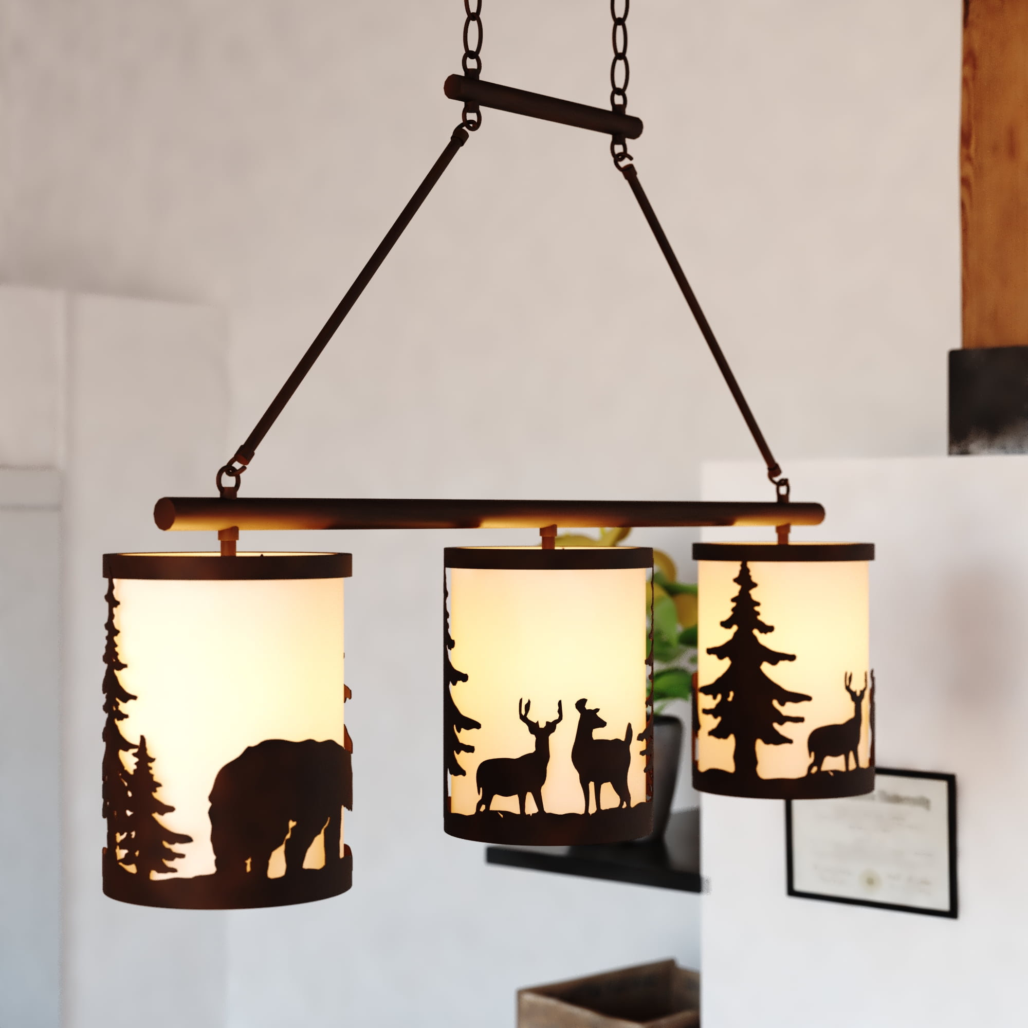 Acadia Bronze 3-Light Rustic Linear Chandelier with Linen Shades