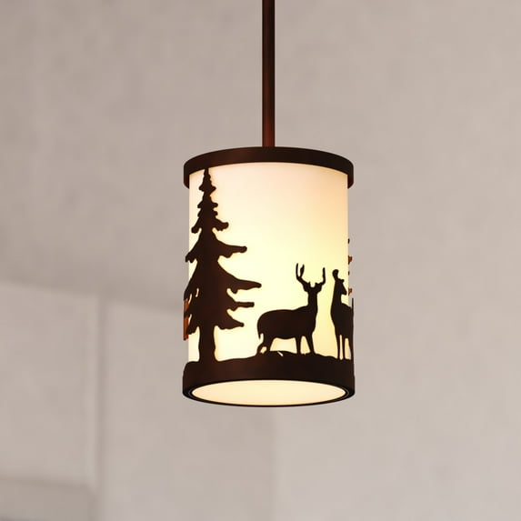 Acadia Bronze Rustic Mini Pendant Ceiling Light White Linen Shade Deer and Tree