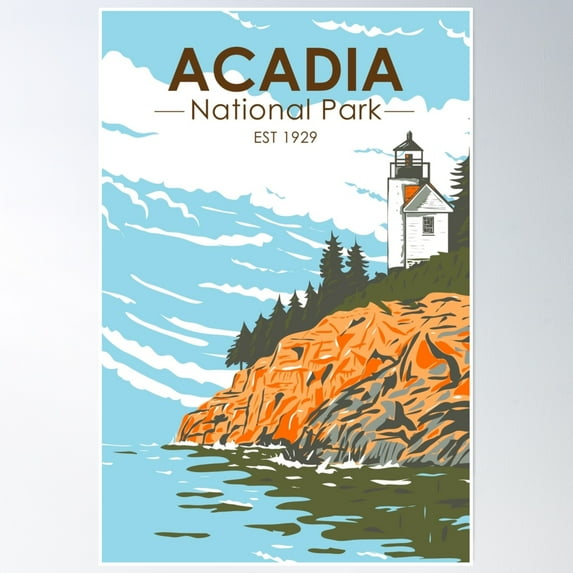 Acadia National Park Bar Harbor Lighthouse Maine Vintage Poster Wall Art, Modern Wall Decor, 16x24 UNFRAMED