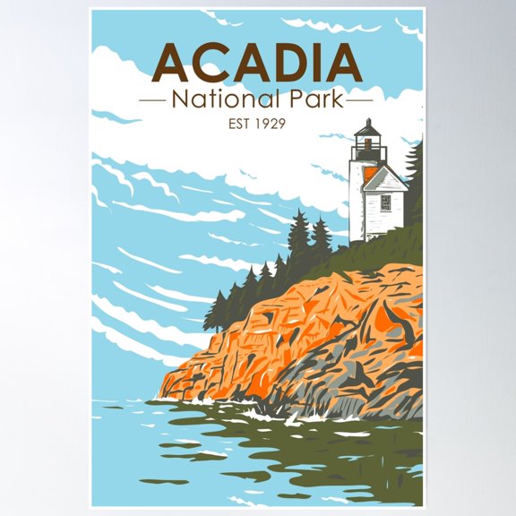 Acadia National Park Bar Harbor Lighthouse Maine Vintage Poster Wall Art, Modern Wall Decor, 24x36 UNFRAMED
