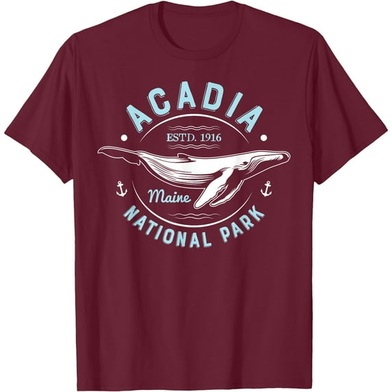 Acadia National Park EST 1916 Maine Vintage Whale Watching Unisex T-Shirt for Men Women Kids Toddler,Maroon Color,Size L