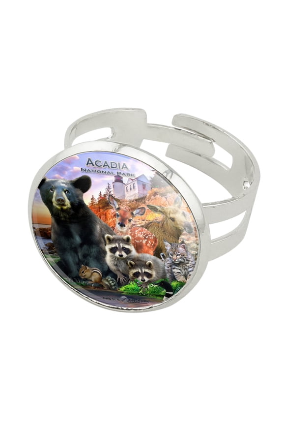 Acadia National Park Maine ME Animals Bear Racoon Deer Moose Silver Plated Adjustable Novelty Ring