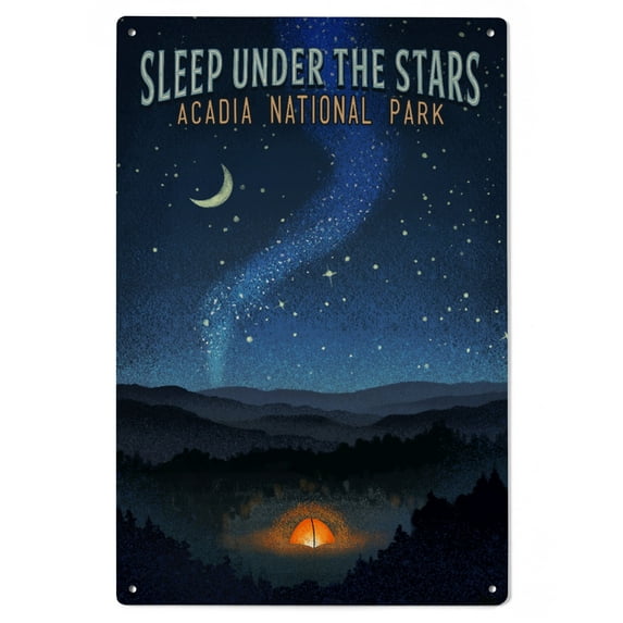 Acadia National Park, Maine, Sleep Under Stars Birch Wood Wall Sign (6x9 Rustic Home Decor, Ready to Hang Art)
