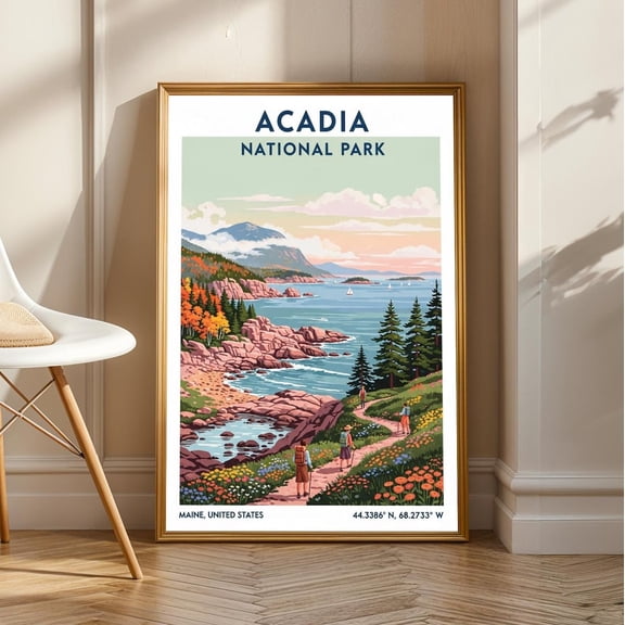 Acadia National Park Poster: Maine Landscape Art Print, Stretched Canvas Size 16x24