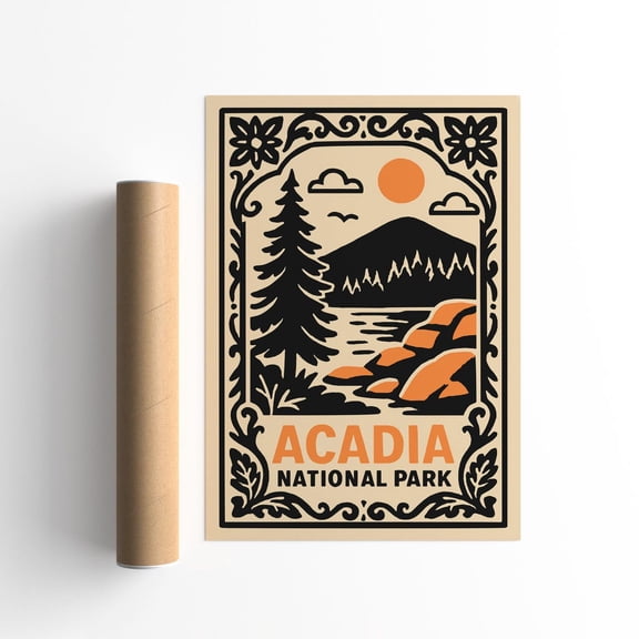 Acadia National Park Retro Mountain Ocean Art Unframed Paper Print