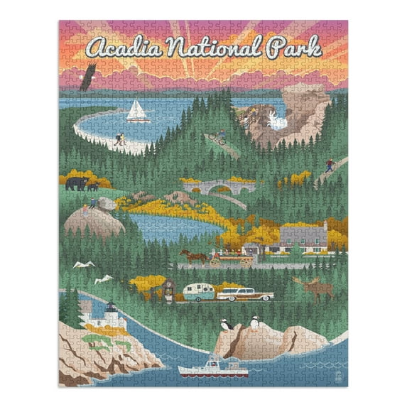 Acadia National Park, Retro View (1000 Piece Puzzle, Size 19x27, Challenging Jigsaw Puzzle for Adults and Family, Made in USA)