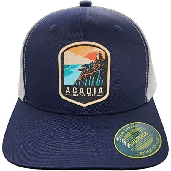 Acadia Trucker Hat with National Park Woven Patch (Navy/White)
