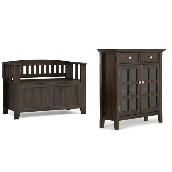 Acadian Solid Wood 36 inch Wide Small Storage Bench and 36 inch Wide Storage Cabinet in Brunette Brown