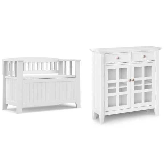 Simpli Home Acadian Solid Wood Small Storage Bench and Storage Cabinet in White