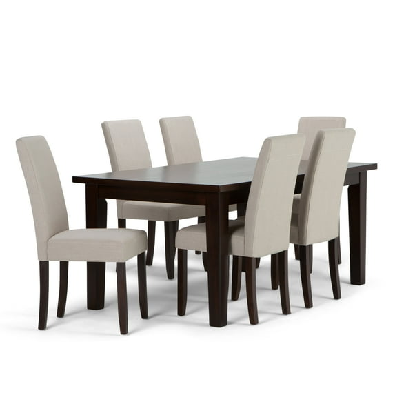 Acadian Transitional 7 Pc Dining Set with 6 Upholstered Parson Chairs in Light Beige Linen Look Fabric and 66 inch Wide Table