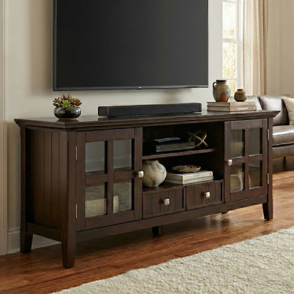 Acadian 60 inch Wide Solid Wood Transitional TV Stand in Brunette Brown For TVs up to 65 inches
