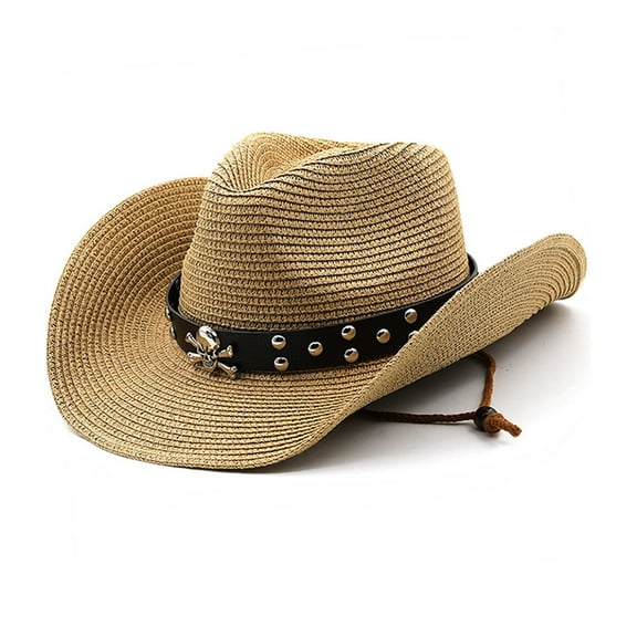 Acahhotxx Cowboy Hat, Vintage Large Metal Skull Brim Hat Straw Weaving Accessory for Sunproof