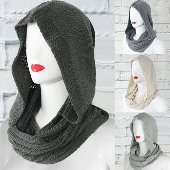 Acahhotxx Hoodie Scarf, Women Winter Crochet Knit for Scarf Outdoor Windproof Warm Long Shawl Wrap Solid Color Earflap Hat Neck