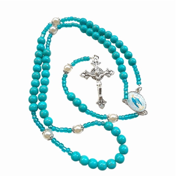 Acahhotxx Women Necklace, Elegant Blue Beaded Rosary Necklace with Metal Crosses Pendant for Prayer and Meditation Religious Baptisms - 1 Skewer