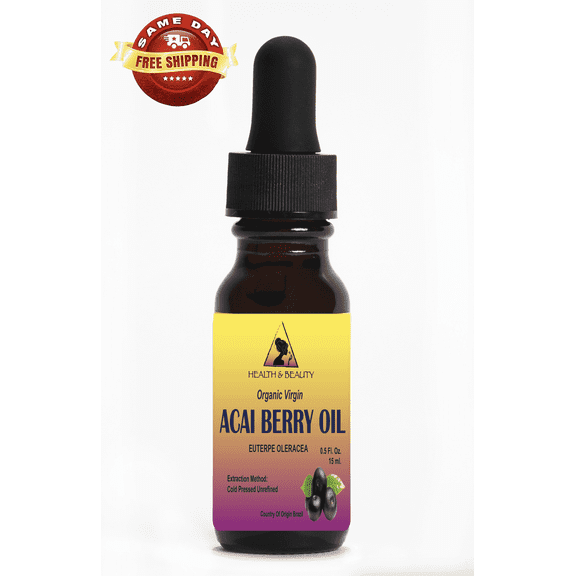 Acai Berry Oil Unrefined Organic Virgin Cold Pressed Pure Glass Dropper 0.5 oz