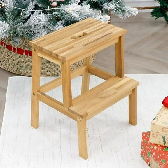 Acaia Wood 2 Step Stool, Waterproof Wooden Step Stool for Adults, 20 Inch Tall Wood Short Footstool Suitable for Bathroom, Kitchen, Bathroom, Bedroom