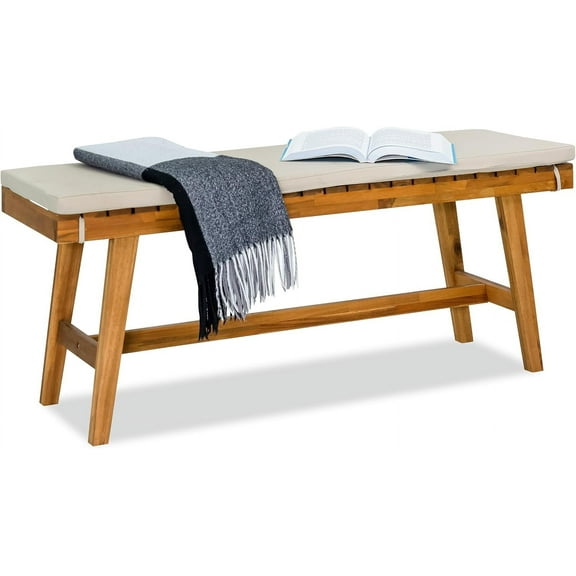Acaia Wood Upholstered Bench, 43" End of Bed Benches with Cushion, Entryway with Seat for Dining Table, Suitable for Kitchen, Indoor and Hallway