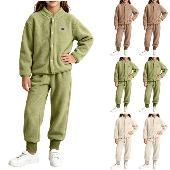 Acaics Girls' 2 Piece Fleece Tracksuit Set: Stand Collar Button Up Long Sleeve Jogger Outfit, Warm Loungewear for Girls Ages 1–10