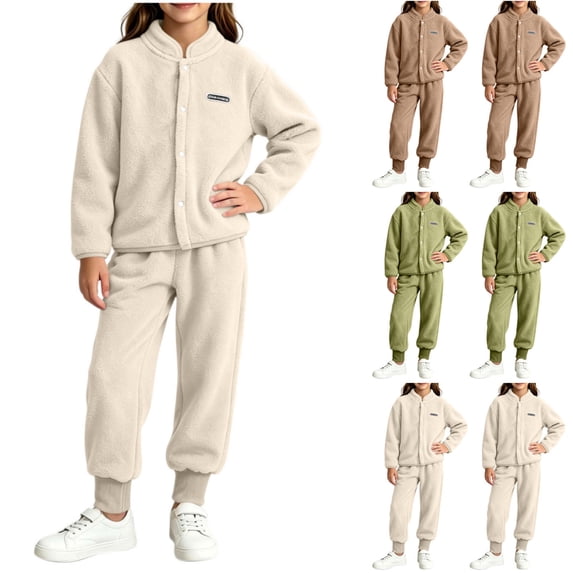 Acaics Girls' 2 Piece Fleece Tracksuit Set: Stand Collar Button Up Long Sleeve Jogger Outfit, Warm Loungewear for Girls Ages 1–10