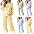 thumbnail image 1 of Acaics Girls' 2 Piece Plaid Pajama Set: Lace Ruffle Crew Neck Long Sleeve Loose Wide Leg Sleepwear Pants, Soft Casual All Season Loungewear Outfits for Girls Ages 2–17, 1 of 9