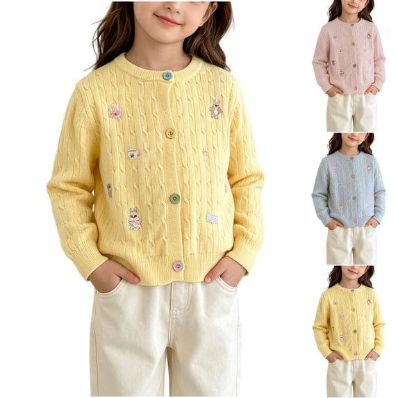 Acaics Girls Cable Knit Cardigan, Long Sleeve Crew Neck Button Down Cute Embroidery Sweater with Pockets for Fall Winter
