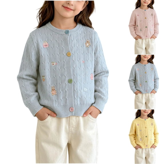 Acaics Girls Cable Knit Cardigan, Long Sleeve Crew Neck Button Down Cute Embroidery Sweater with Pockets for Fall Winter