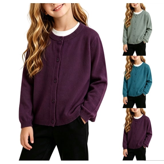 Acaics Girls Cardigan Crew Neck Solid Color Long Sleeve Casual Kids Sweater for Spring Fall Winter Layering Outfits