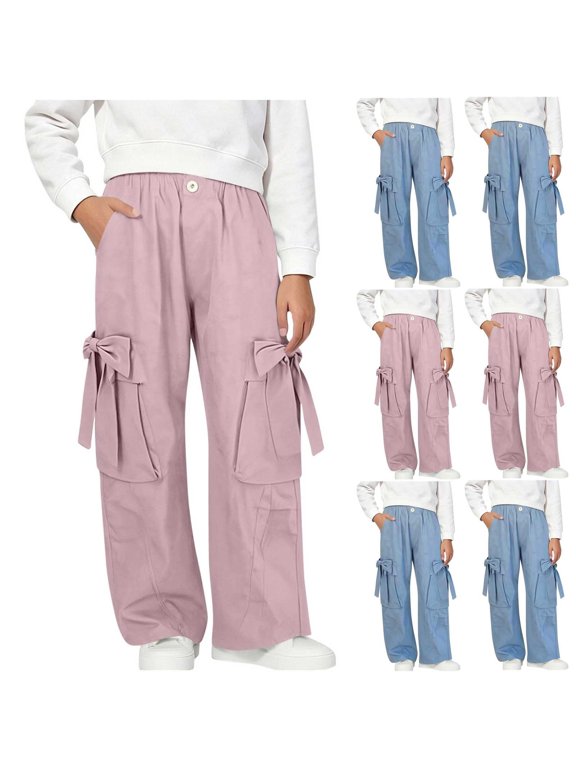 Girls Cargo Pants Wide Leg Streetwear Kids Pants with Pockets Cute Bow Casual Wide Leg Trousers Lounge