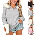 thumbnail image 1 of Acaics Girls' Faux Fur Hood Waffle Knit Jacket: Full Zip Casual Hoodie with Front Pockets for Teens Ages 7–15, 1 of 7