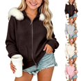 thumbnail image 1 of Acaics Girls' Faux Fur Hood Waffle Knit Jacket: Full Zip Casual Hoodie with Front Pockets for Teens Ages 7–15, 1 of 7