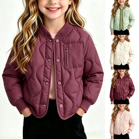 Acaics Girls Jacket, Long Sleeve Snap Button Lightweight Padded Outerwear with Pockets for Fall Winter
