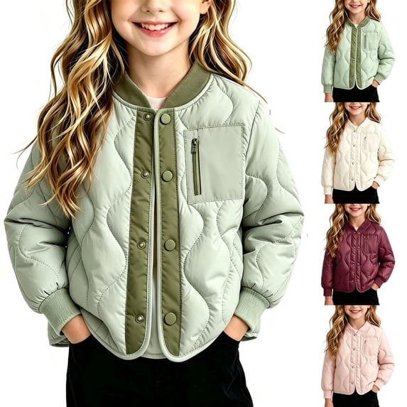 Acaics Girls Jacket, Long Sleeve Snap Button Lightweight Padded Outerwear with Pockets for Fall Winter