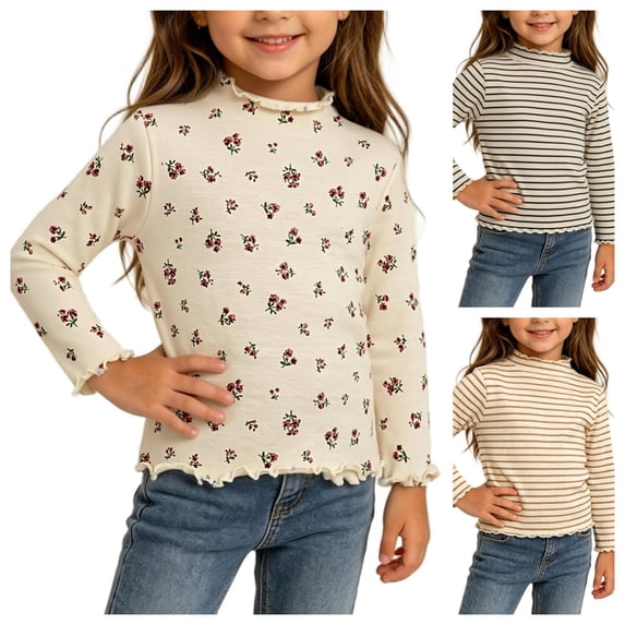 Acaics Girls' Long-Sleeve Layering T-Shirt: Printed Knit Ruffle-Trimmed Long-Sleeve Half-Turtleneck Fall Top, Suitable for Ages 3 Months–3 Years