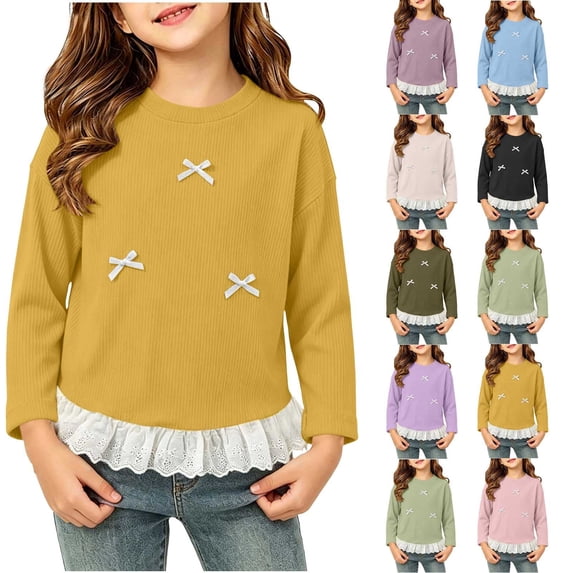 Acaics Girls' Long-Sleeve Layering T-Shirt: Round-Neck Ribbed Long-Sleeve Casual and Comfortable Base Layer Top With Lace Hem, Suitable for Ages 0–11