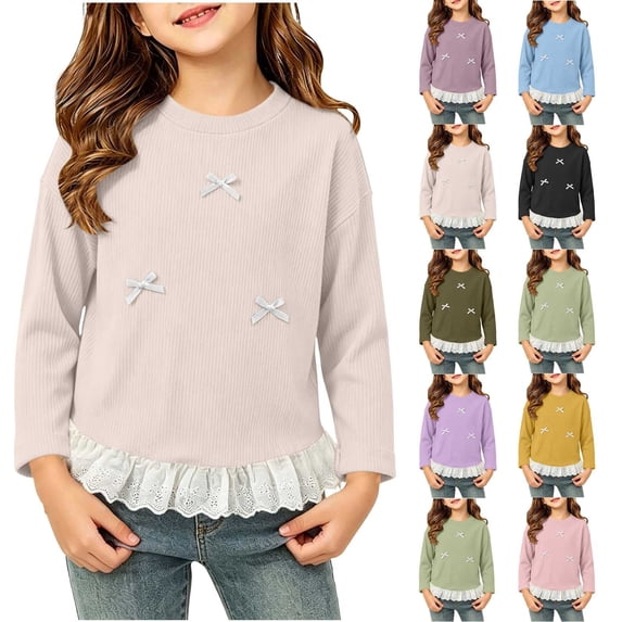 Acaics Girls' Long-Sleeve Layering T-Shirt: Round-Neck Ribbed Long-Sleeve Casual and Comfortable Base Layer Top With Lace Hem, Suitable for Ages 0–11