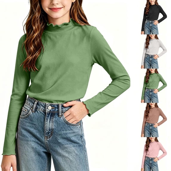 Acaics Girls' Long-Sleeve Layering T-Shirt: Solid-Color Modal Long-Sleeve Crew Neck Casual High-Neck Top, Ages 1–13