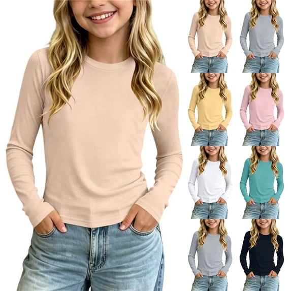 Acaics Girls' Long-Sleeve Layering T-Shirt: Solid-Color Modal Long-Sleeve Crew-Neck T-Shirt Lightweight Casual Base Layer for Back-to-School Suitable for Ages 1–10