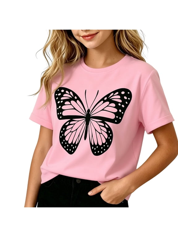 Girls Printed T-Shirt, Sizes 2–12, Soft Cotton Crew Neck Butterfly Graphic Casual Short Sleeve Tops
