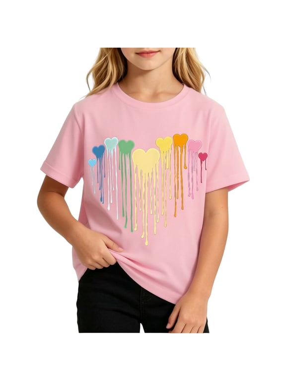 Girls Printed T-Shirt, Sizes 2–12, Soft Cotton Crew Neck Rainbow Dripping Heart Graphic Casual Short Sleeve Tops For Little Kids Daily Playwear