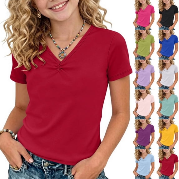 Acaics Girls Short Sleeve Ruched V Neck Basic T-Shirt, Soft Stretch Solid Color Casual Summer Tee Top for Kids Girls 4 to 15 Years Old