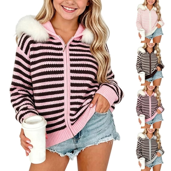Acaics Girls' Striped Waffle Knit Zip Up Hoodie: Faux Fur Trim Hood Casual Knit Jacket for Teens Ages 7–15