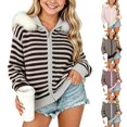 thumbnail image 1 of Acaics Girls' Striped Waffle Knit Zip Up Hoodie: Faux Fur Trim Hood Casual Knit Jacket for Teens Ages 7–15, 1 of 8