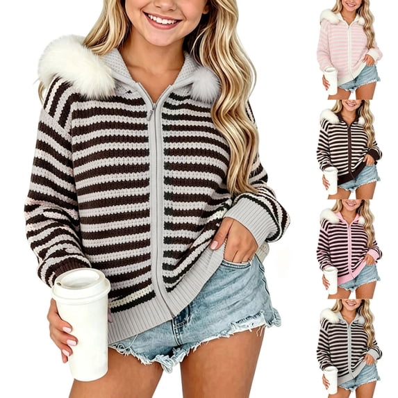 Acaics Girls' Striped Waffle Knit Zip Up Hoodie: Faux Fur Trim Hood Casual Knit Jacket for Teens Ages 7–15