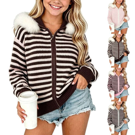 Acaics Girls' Striped Waffle Knit Zip Up Hoodie: Faux Fur Trim Hood Casual Knit Jacket for Teens Ages 7–15