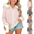 thumbnail image 1 of Acaics Girls' Striped Waffle Knit Zip Up Hoodie: Faux Fur Trim Hood Casual Knit Jacket for Teens Ages 7–15, 1 of 8