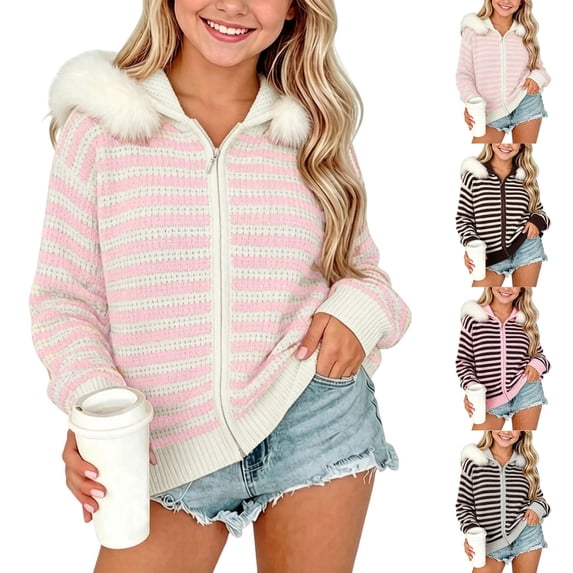 Acaics Girls' Striped Waffle Knit Zip Up Hoodie: Faux Fur Trim Hood Casual Knit Jacket for Teens Ages 7–15