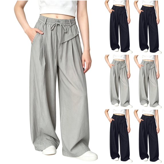 Acaics Girls' Wide Leg Casual Pants, Drawstring Elastic High Waist Lightweight Wrinkle Free Loose Trousers with Side Pockets for Back to School Daily Outdoor Wear, Sizes 5–14
