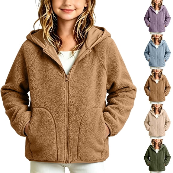 Acaics Girls' Zip Up Hooded Jacket: Polyester Blend Casual Warm Outerwear with Side Patch Pockets for Girls Ages 3–13