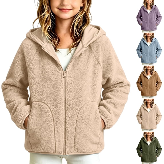 Acaics Girls' Zip Up Hooded Jacket: Polyester Blend Casual Warm Outerwear with Side Patch Pockets for Girls Ages 3–13