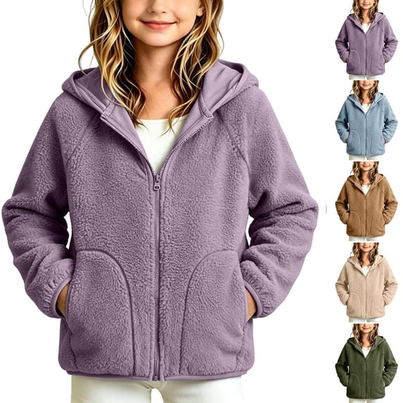 Acaics Girls' Zip Up Hooded Jacket: Polyester Blend Casual Warm Outerwear with Side Patch Pockets for Girls Ages 3–13